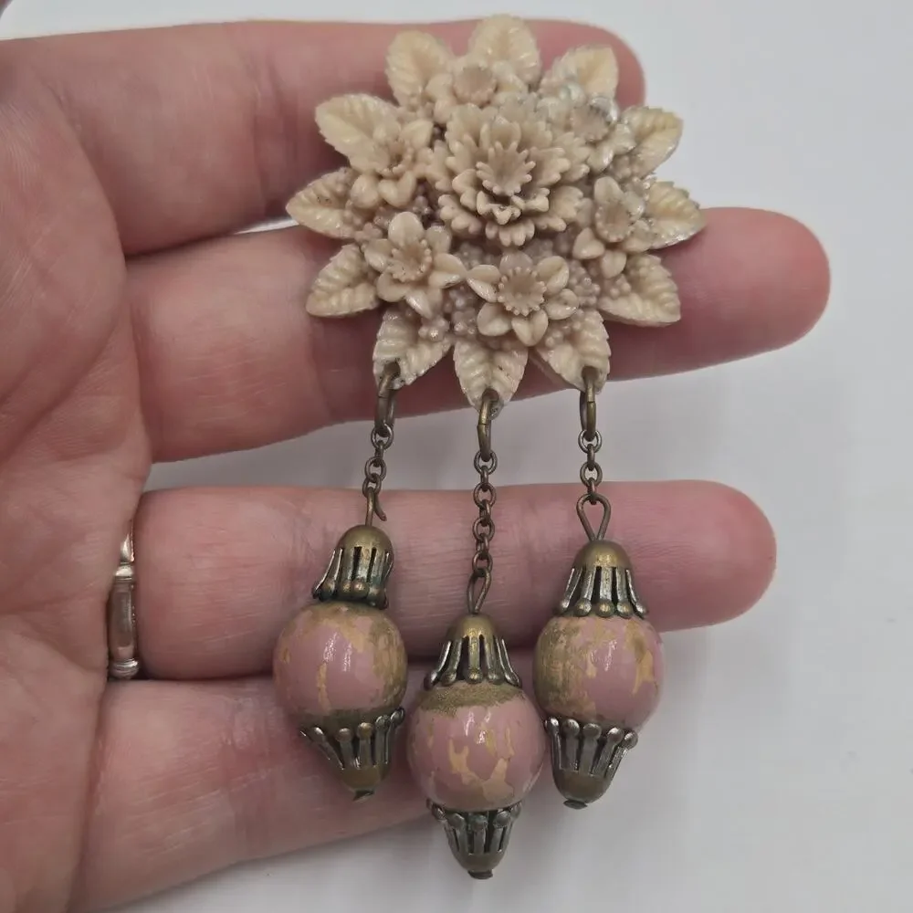 Vintage 1930s 40s Carved Celluloid Flower Brooch with Pink Dangles